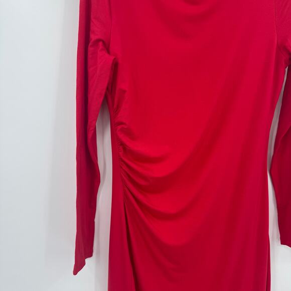 Nordstrom Red Side Ruched Long Sleeve Midi Dress Rib Knit Crew Neck Small - Picture 3 of 13